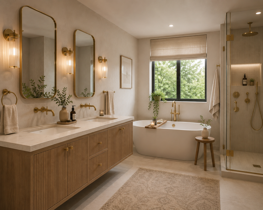 Double basin setup with brushed brass taps, freestanding bath, and large window overlooking greenery outside.