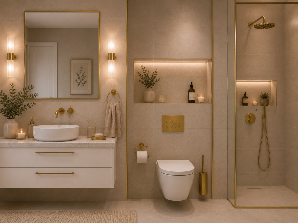Wall-hung toilet beside glass shower and floating vanity, with brushed brass fixtures and neutral finishes.