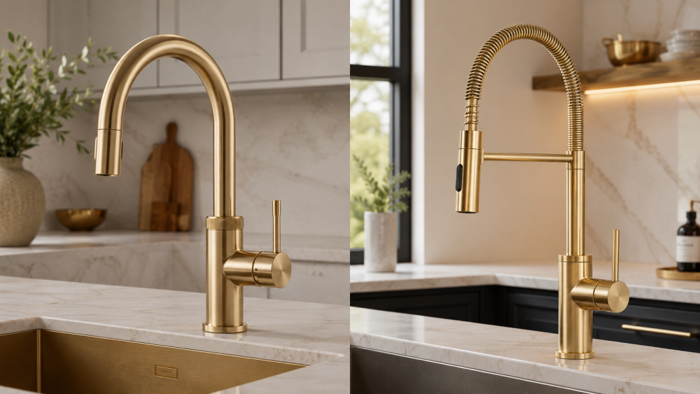 Gold and brushed brass kitchen taps installed on marble countertops in contrasting kitchen styles.