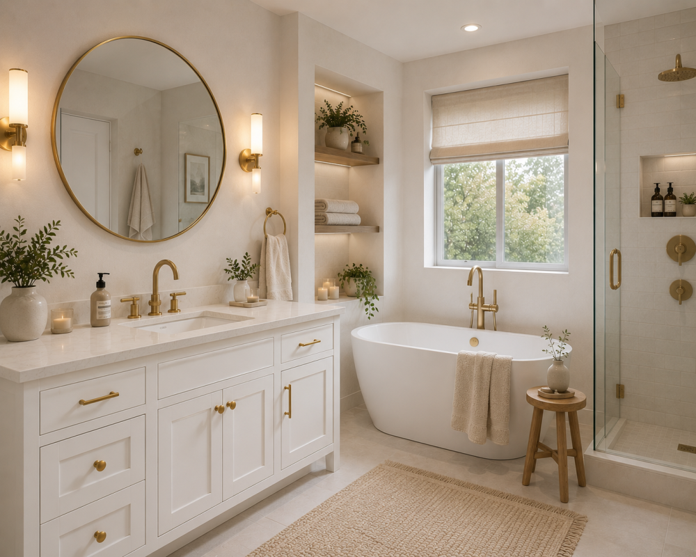 White vanity unit with brushed brass fittings, circular mirror above, freestanding bath, and glass shower in the background.