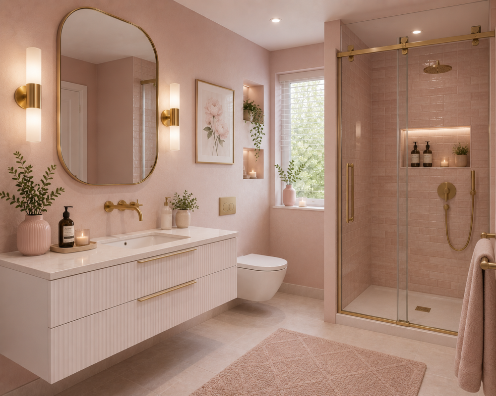 Soft pink tiled walls with glass shower, vanity unit, and brushed brass fixtures adding a warm metallic contrast.