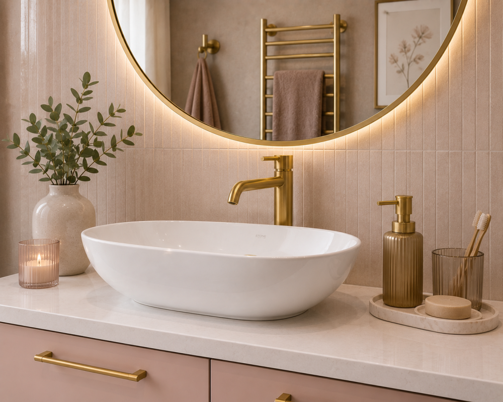 Circular mirror above white basin with brushed brass tap, candlelight, greenery, and minimal countertop styling.