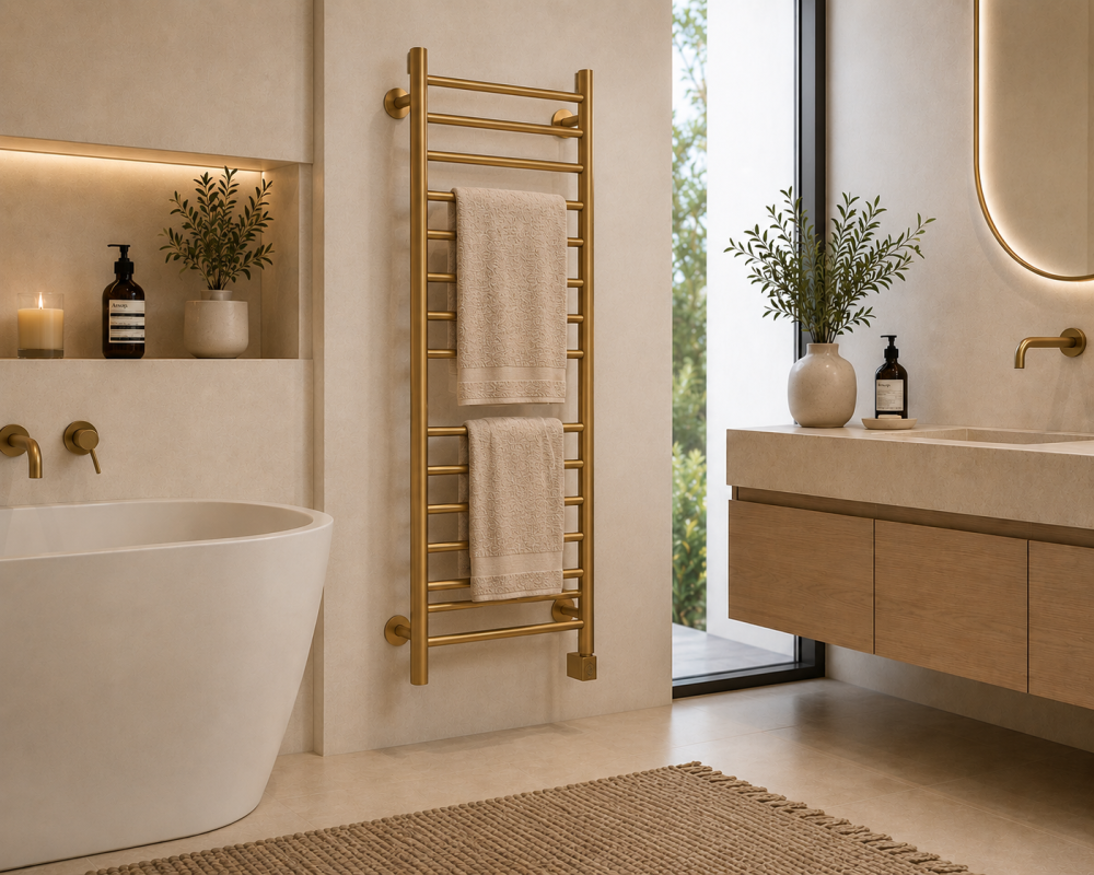 A modern bathroom featuring a freestanding bathtub, a brushed brass towel rack with towels, and a minimalist vanity.