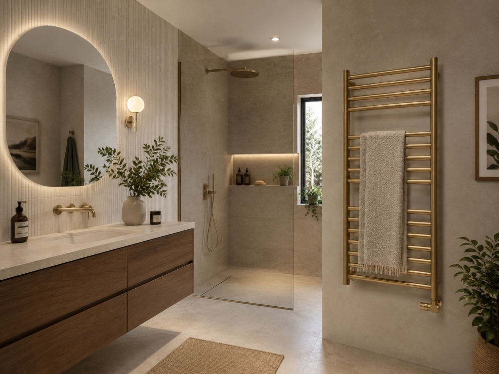 Bathroom with brass fixtures, wooden vanity, oval mirror, rain shower, and greenery creating a balanced interior feel.