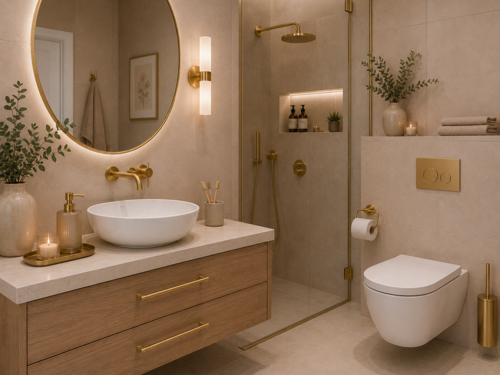 Beige-toned space with floating toilet, round mirror, candles, greenery, and brushed brass accents.
