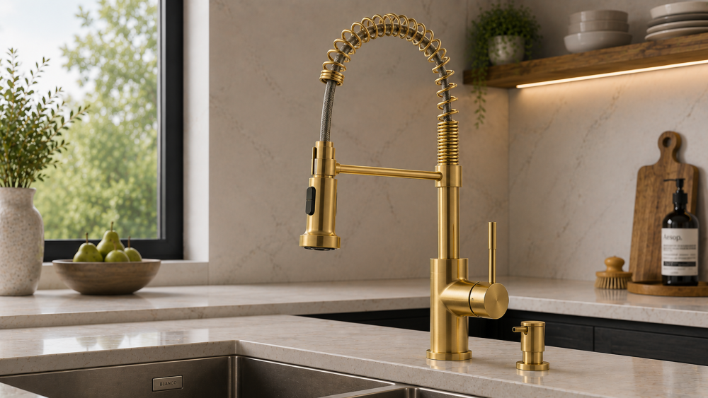 Gold flexible-spout kitchen tap with side lever mounted on contemporary work surface.