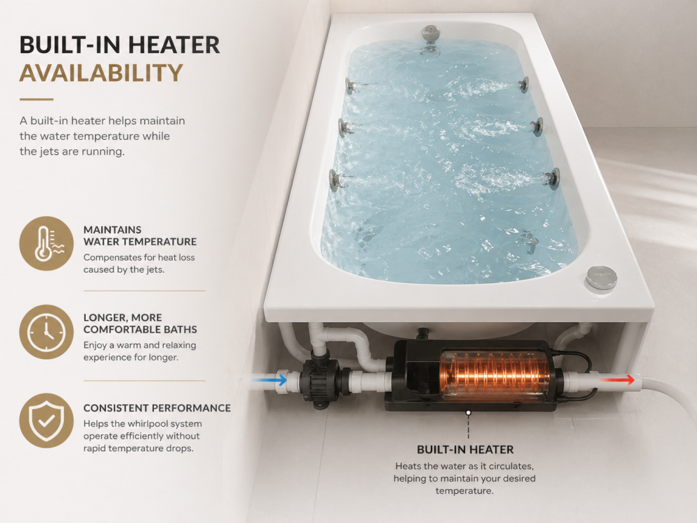 Whirlpool bath with built-in heater showing water jets and temperature control for longer, comfortable bathing.