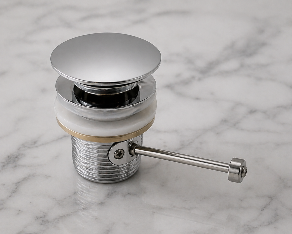 Chrome pop-up Captive/anti-tamper basin waste with side lever mechanism for controlled water drainage.