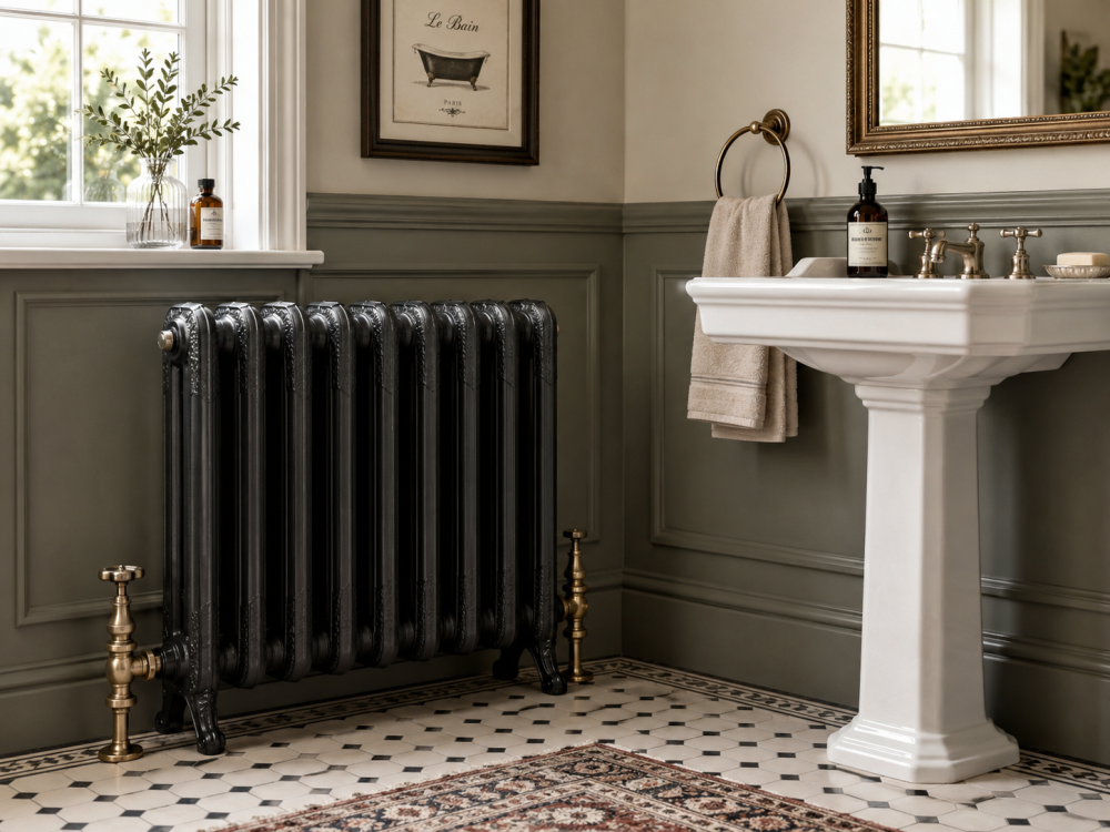 Traditional bathroom with cast iron radiator, patterned rug, pedestal sink, and muted green wall finish.