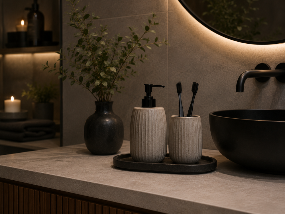 Modern bathroom countertop with black sink, beige soap dispenser, toothbrush holder, green plant in vase, and lit candles in the background.