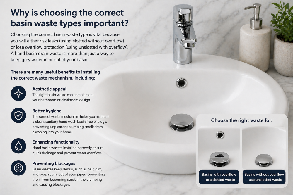 Bathroom sink with chrome tap and basin waste guide showing correct waste selection for overflow and non-overflow basins.