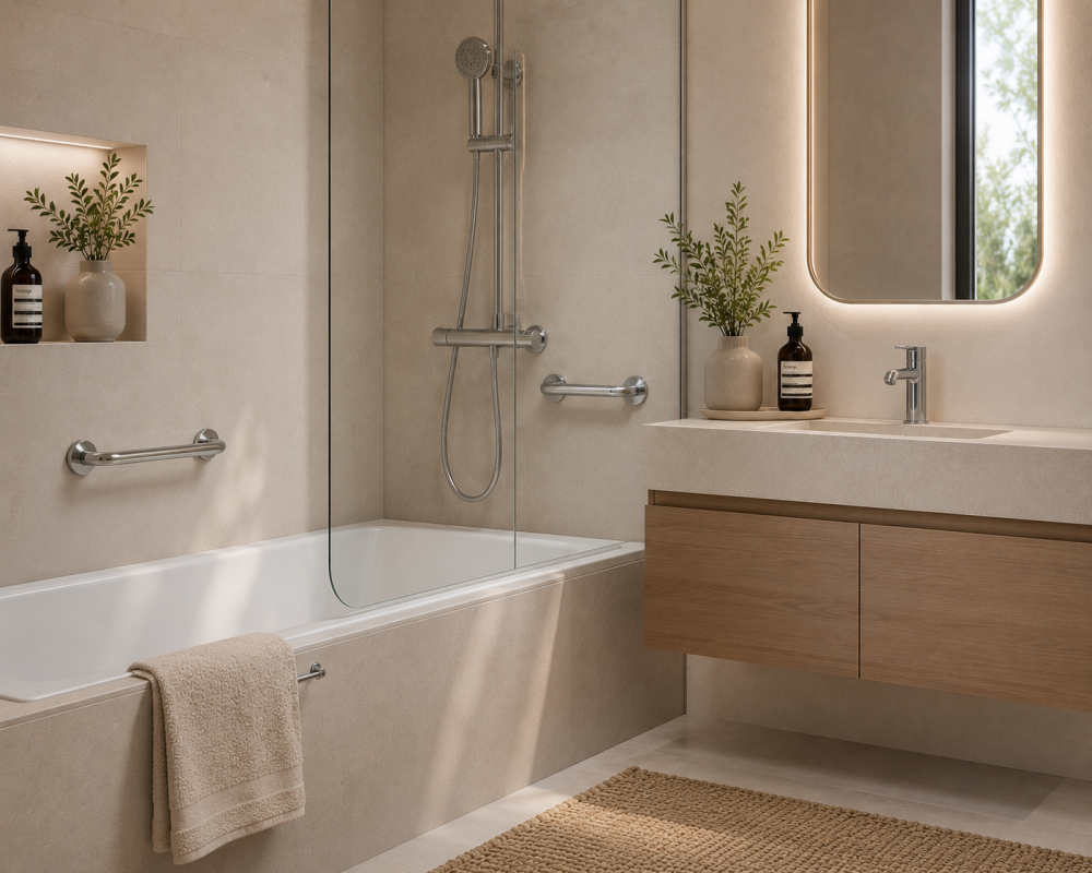 A modern bathroom featuring a bathtub with a glass shower enclosure, a vanity with wood cabinetry, and chrome shower grab rails.
