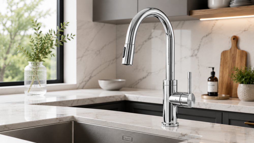 Chrome kitchen tap beside marble countertop, chopping board, soap dispenser, and indoor plants near window.