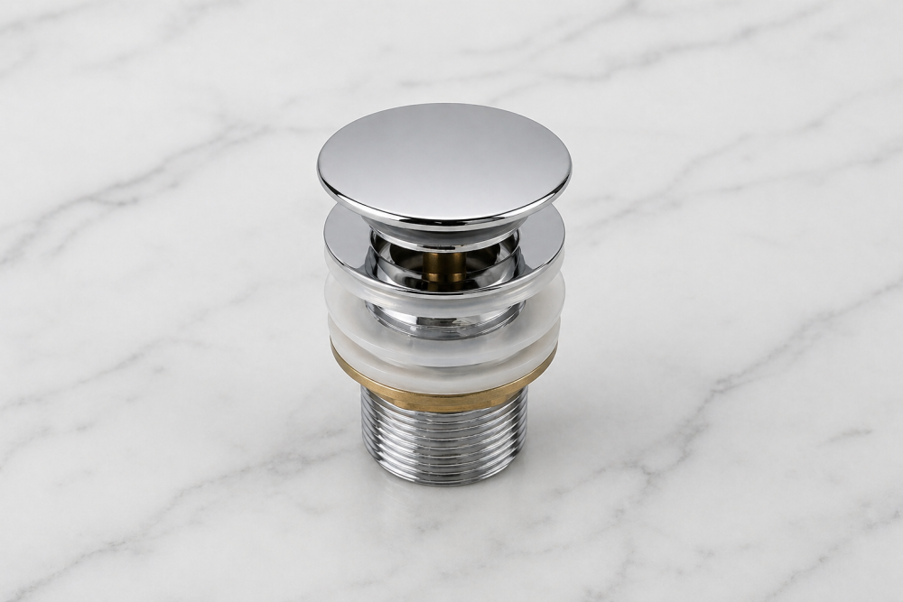 Modern chrome Click clack basin waste with layered design, rubber gasket, and threaded base.