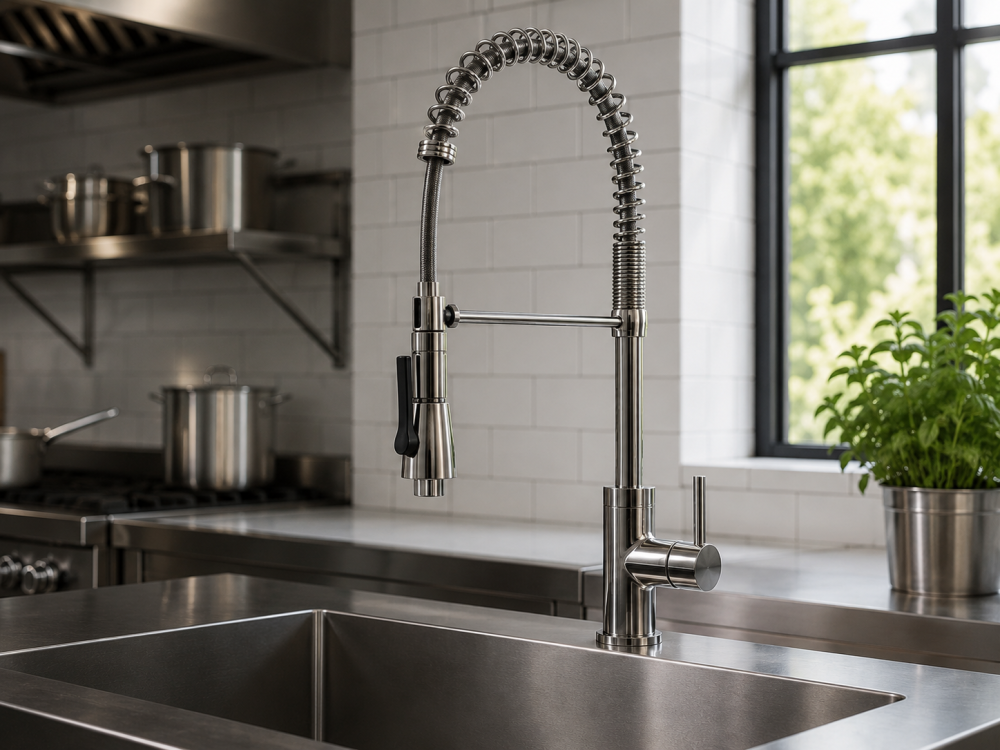 Industrial-style kitchen sink with stainless steel tap, subway tiles, and herb plants by window.