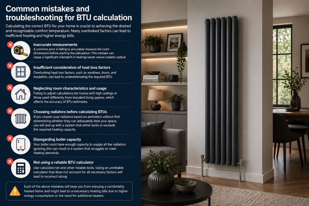 BTU calculation mistakes guide highlighting common errors in radiator sizing and heat output estimation.