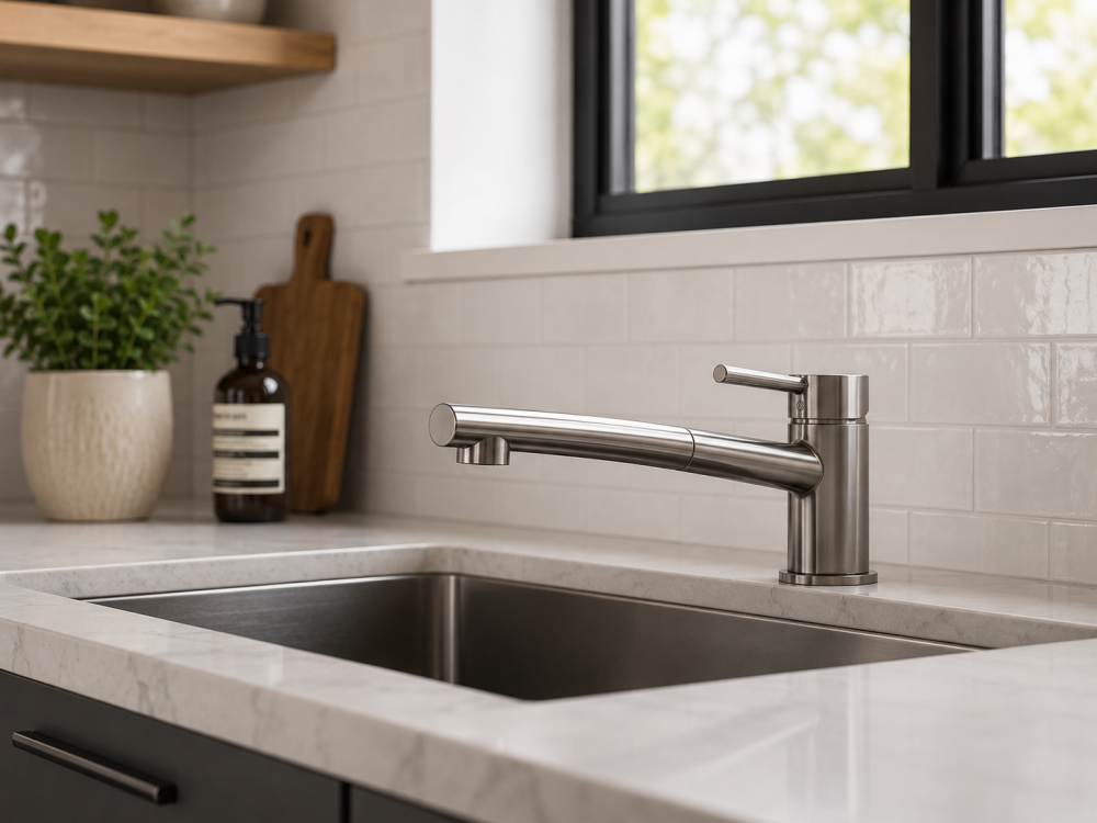 Low-profile stainless steel kitchen tap over marble sink with soap dispenser and wooden board.
