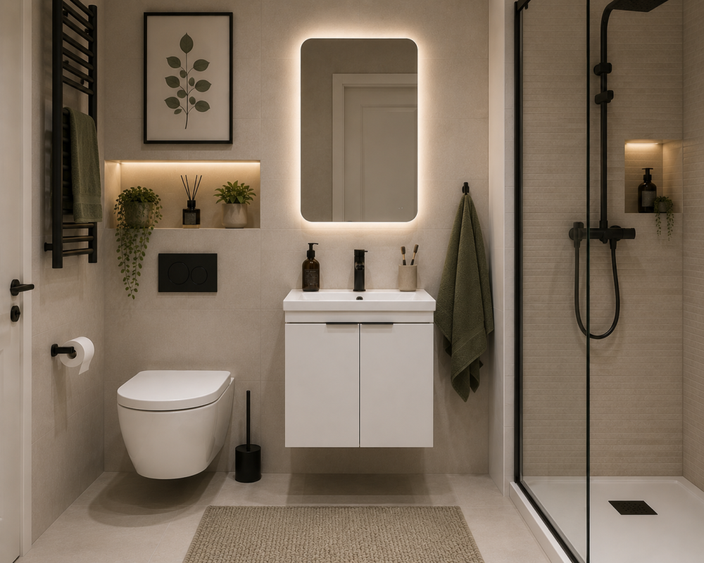 White vanity with mirrored cabinet beside glass shower doors and indoor plant décor.