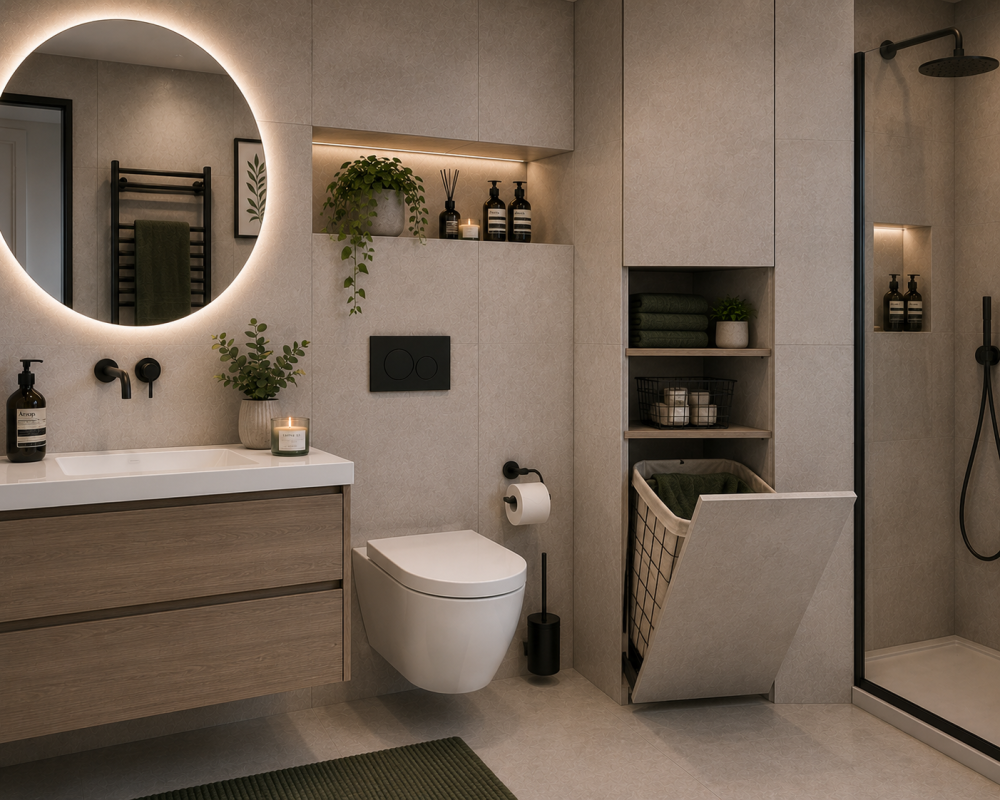Circular mirror above wooden vanity with wall-hung toilet and framed shower enclosure.