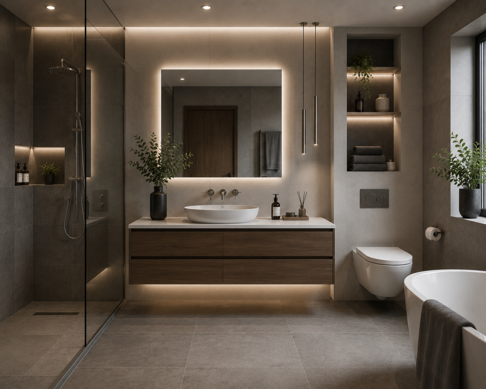 Floating vanity beneath large mirror with separate bath and shower in a neutral-toned bathroom interior.