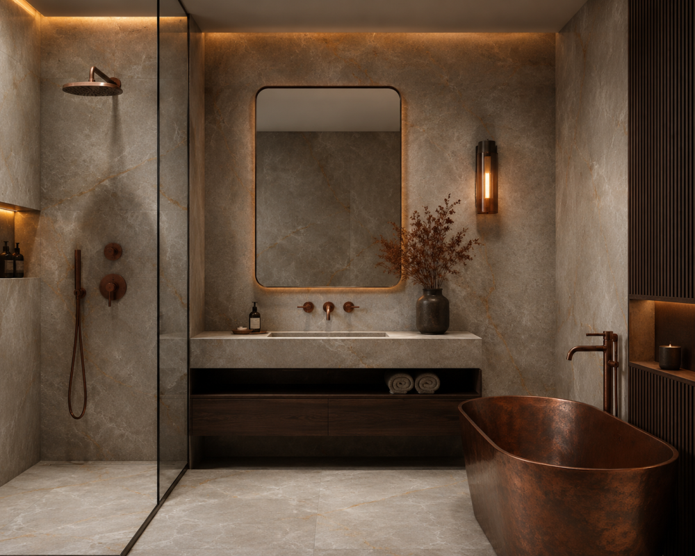 Copper freestanding bath set against textured stone walls with warm overhead lighting and statement fixtures.