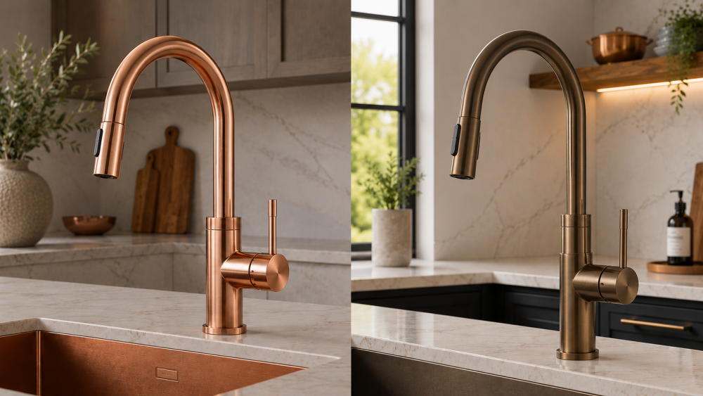 Copper and bronze pull-down kitchen taps displayed with marble worktops and neutral kitchen décor.