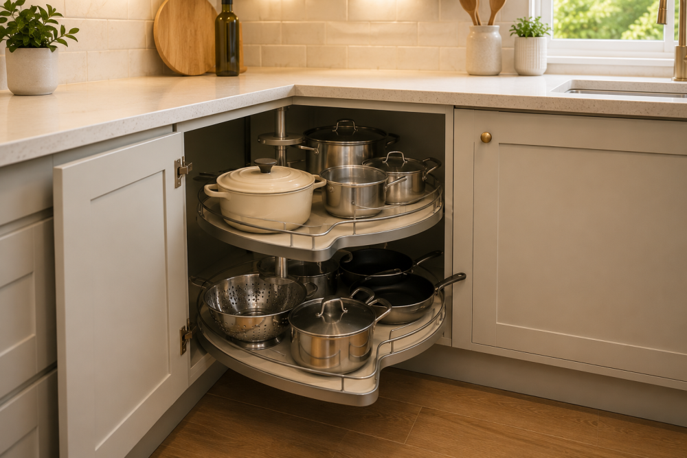 Corner kitchen cabinet with pull-out storage shelves holding pots and pans beneath white countertop.