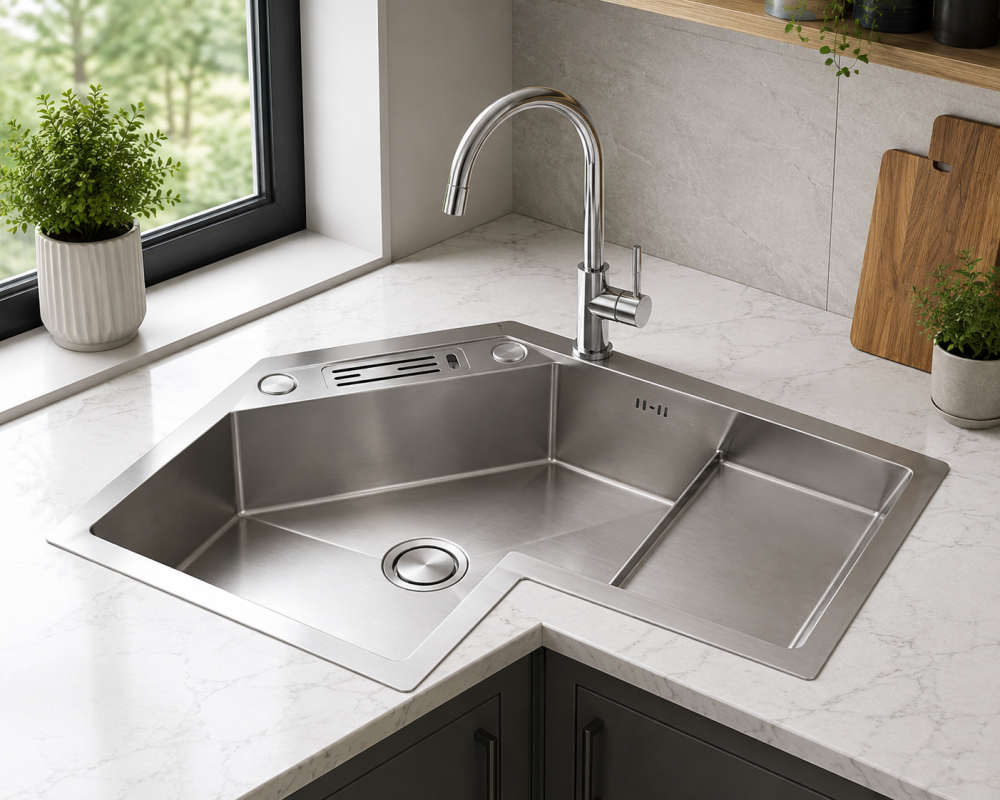 Corner kitchen sink with chrome tap on white marble worktop, styled with cutting board and indoor plants.