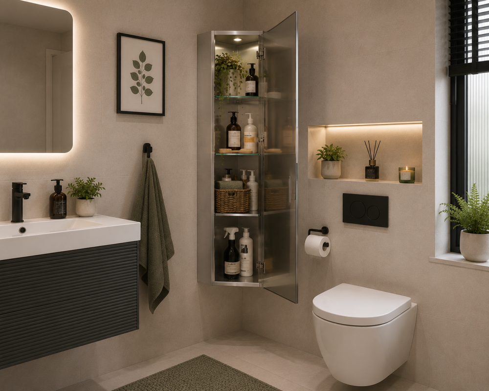 Dark vanity with wall mirror, corner storage cabinet, and bathroom shelving holding toiletries and plants.