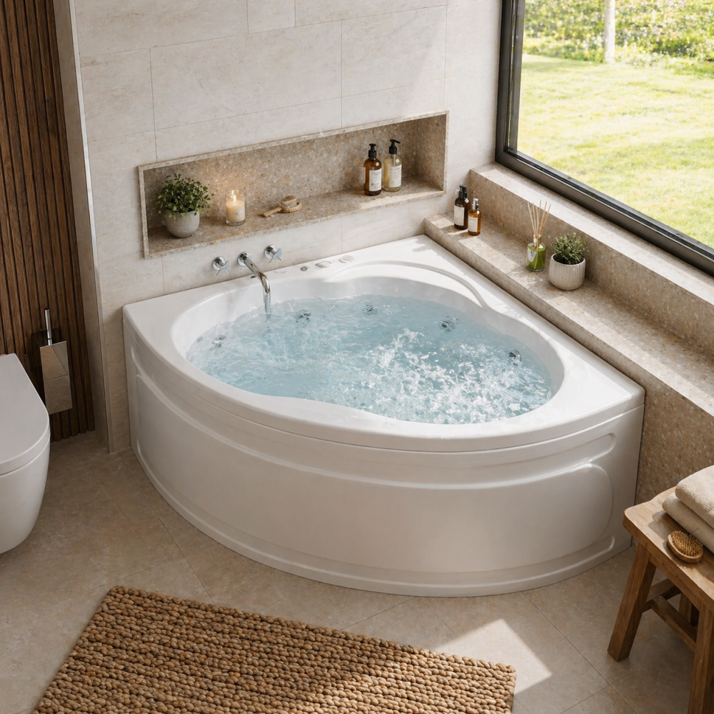 Corner whirlpool bath with bubbling water in a modern bathroom overlooking a garden view.