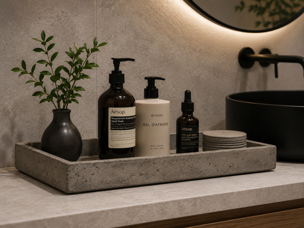 Minimalist bathroom countertop with black vase holding green leaves, Aēsop hand wash and drops, Byredo body lotion, and stacked coasters on a gray tray.