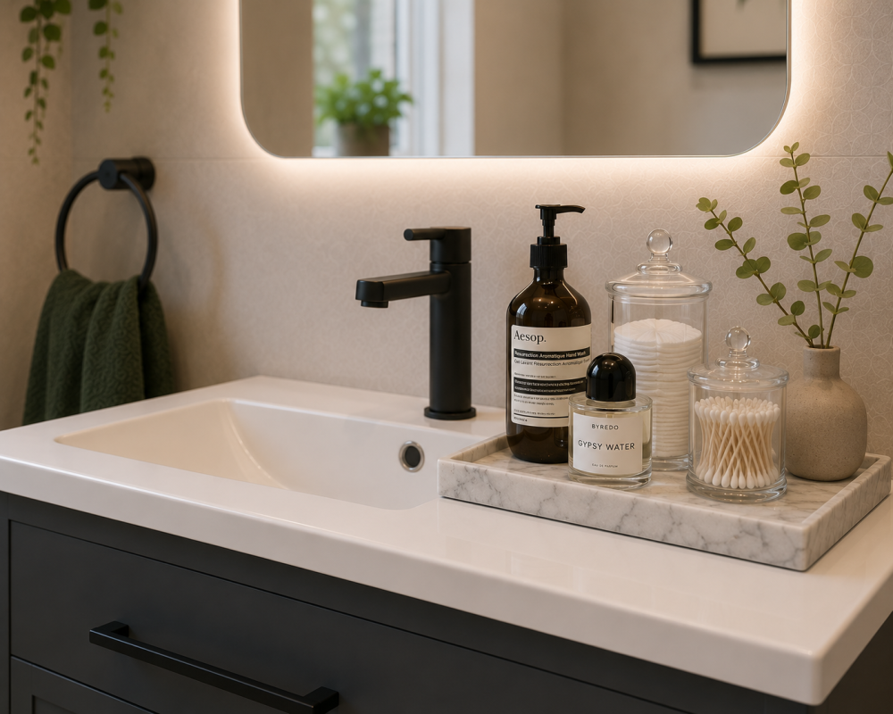 Black bathroom tap beside marble tray with skincare products and decorative plants.