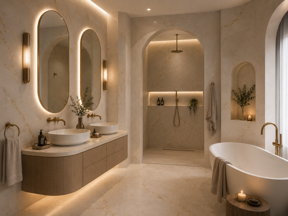 Wood vanity with twin basins, oval mirrors, marble wall finish, and freestanding bath beneath recessed shelving.