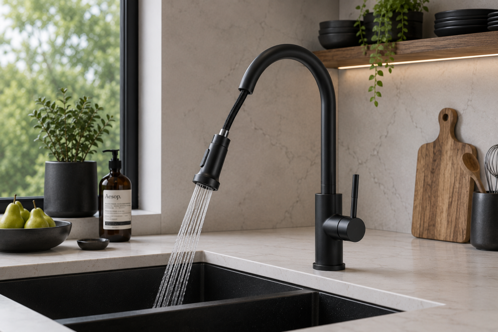 Black kitchen tap pouring water into deep sink with chopping boards and potted plants nearby.