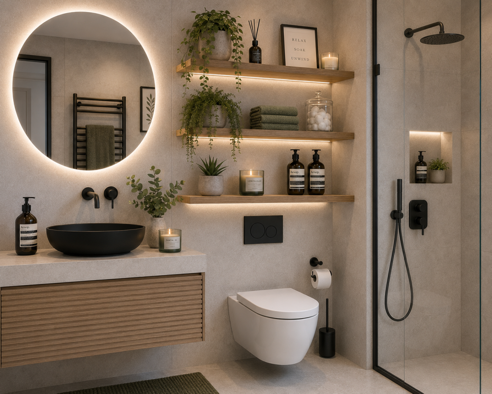 Black countertop basin with timber shelving, candles, indoor plants, and framed shower screen.