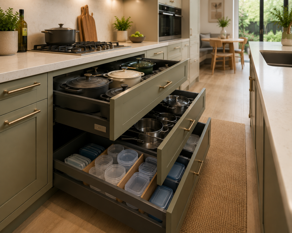 Organised kitchen drawers with cookware, lids, and food containers inside green cabinetry beside gas hob.
