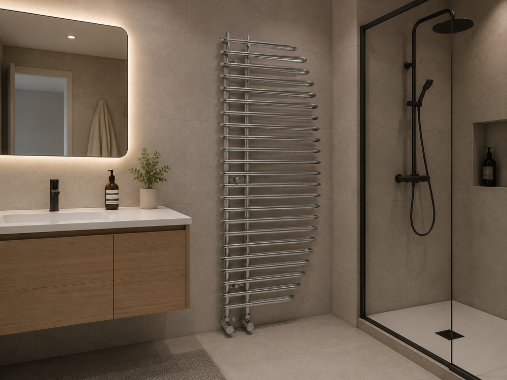 Chrome towel rail heater beside glass shower and wooden vanity under lit mirror in a neutral bathroom design.