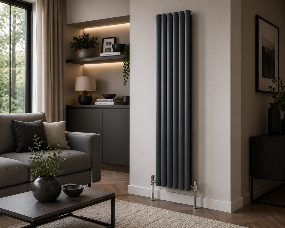 Living room with grey vertical radiator, sofa, and warm lighting showing contemporary radiator placement.