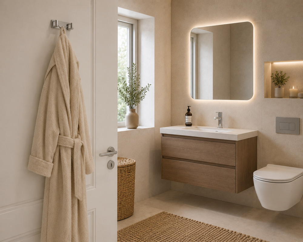 Bathroom featuring a beige robe hanging on a hook, a wooden vanity with a sink, and a wall-mounted mirror with backlighting.