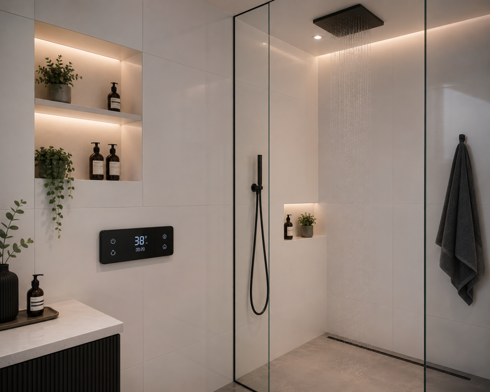 Glass shower area with built-in shelving, digital temperature controls, toiletries, and indoor plants.