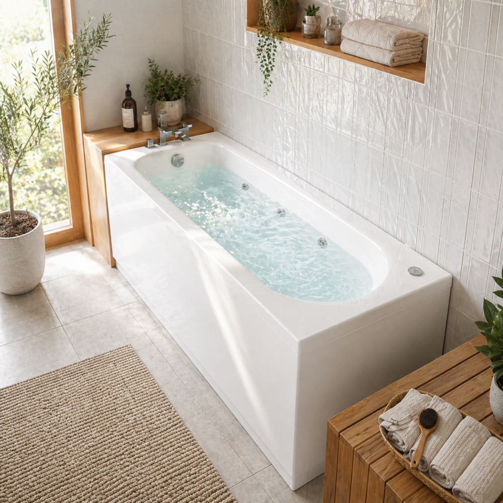 Single ended whirlpool bath in a bright bathroom with plants and natural light creating a calm spa setting.