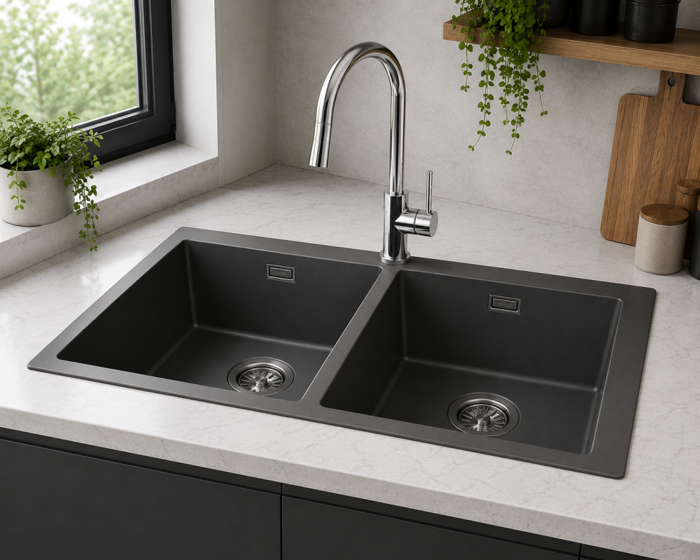 Dual-basin black kitchen sink with chrome mixer tap on white countertop and wooden chopping boards.