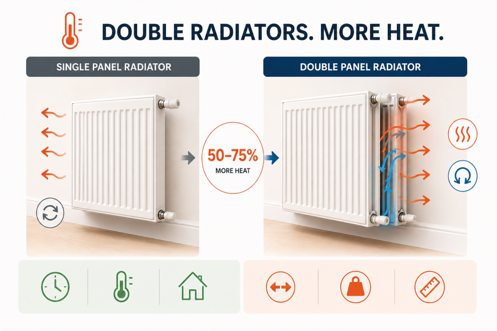 Diagram comparing single and double panel radiators, showing double radiators produce 50–75% more heat output.