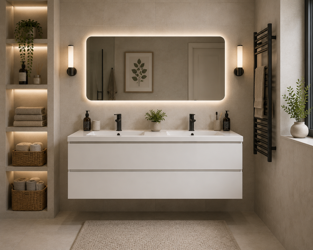 Double sink vanity with black taps, illuminated mirror, built-in shelving, and decorative greenery.