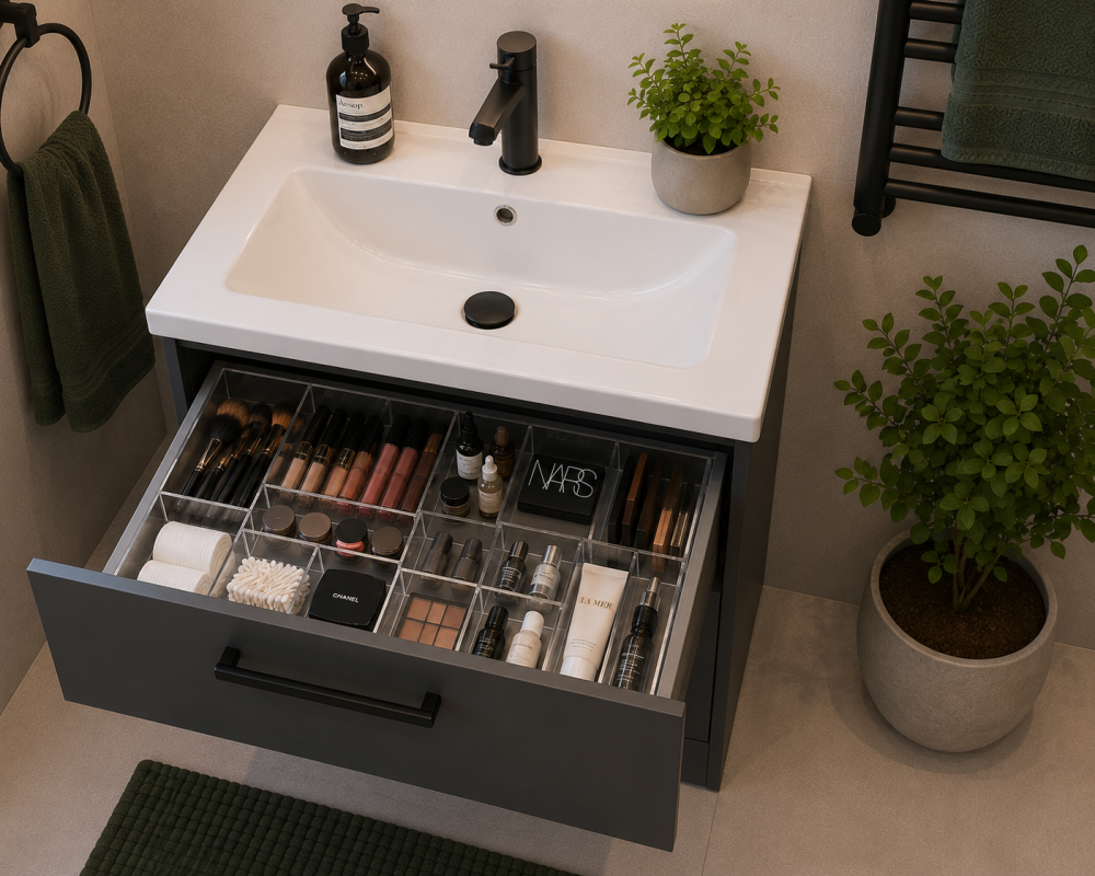 Dark bathroom vanity with organised makeup drawer, white basin, and skincare products.
