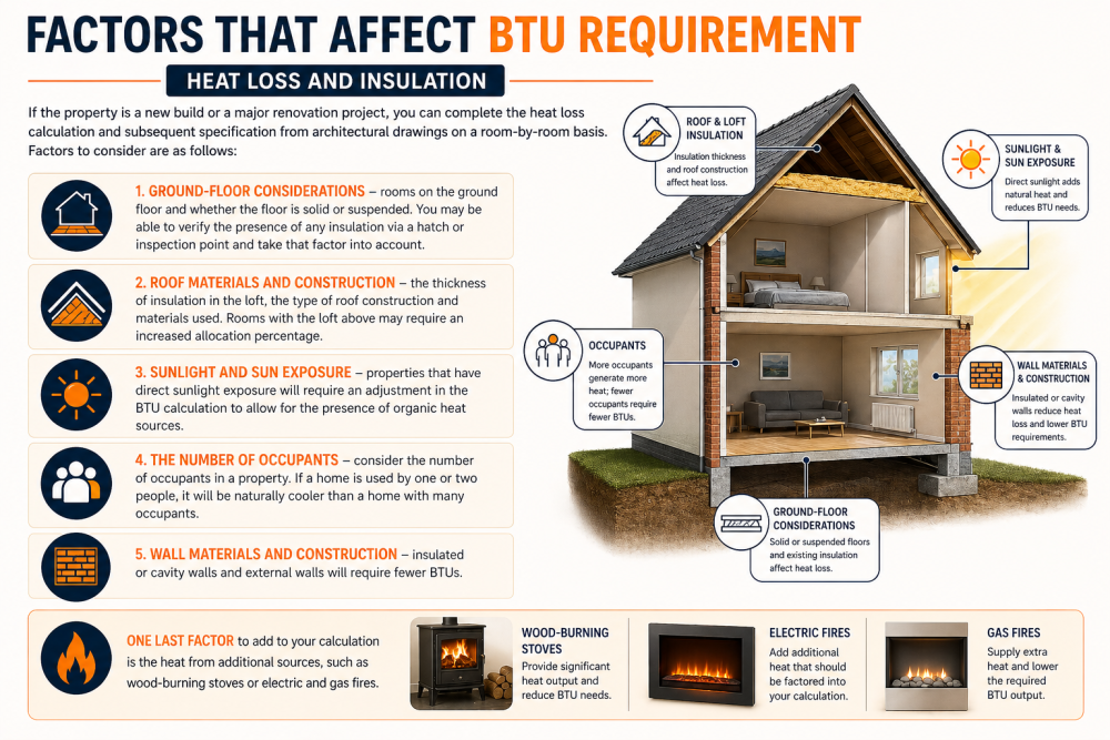 BTU requirement infographic showing factors like insulation, windows, sunlight, and room usage affecting heat output.