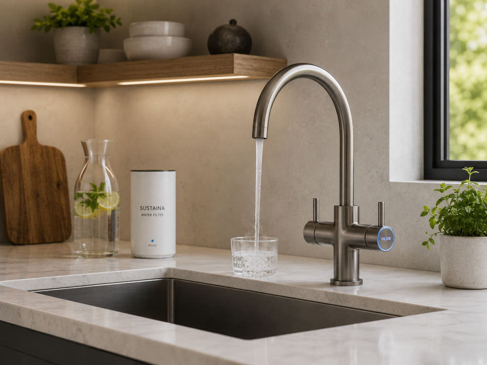 Filtered kitchen tap pouring water into glass beside plants, cutting board, and water filter system.