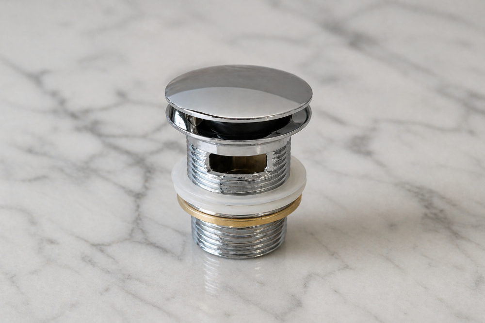 Chrome Flip top wastes with ribbed body, white washer, and brass ring for secure basin fitting.