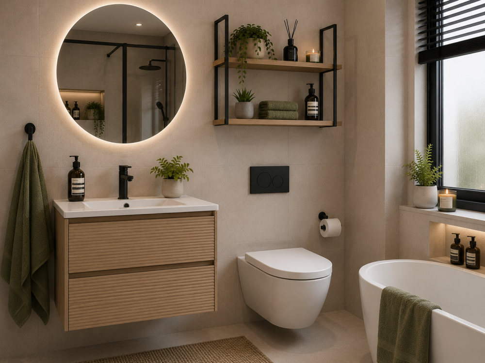 Wood vanity with illuminated round mirror beside freestanding bath and floating toilet.