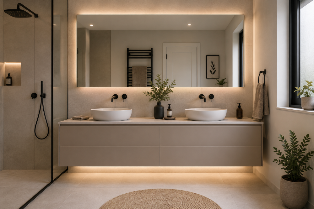 Double vanity unit with wide mirror and twin sinks in a clean, balanced bathroom design.